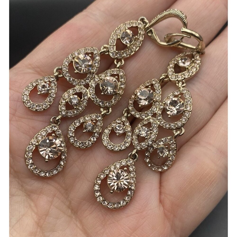 Givenchy Chandelier Earrings Gold Tone Champagne Crystal Pageant Prom Bridal 3" - Picture 8 of 8